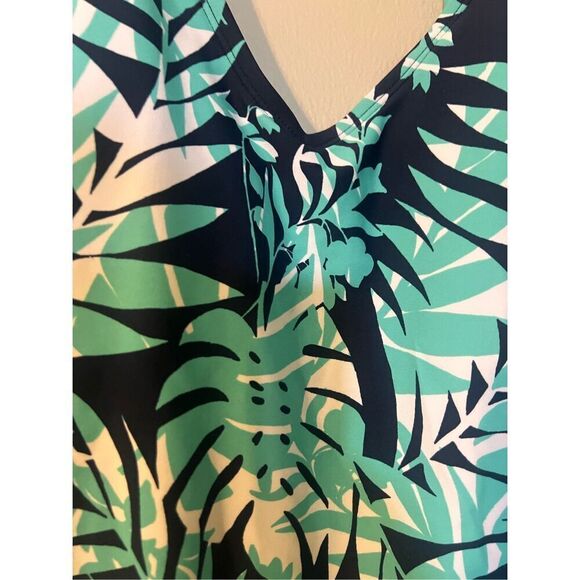 Kona Sol Size S Loop Back One Piece Swimsuit Navy Aqua Palm Print Tropical Beach - Picture 8 of 11